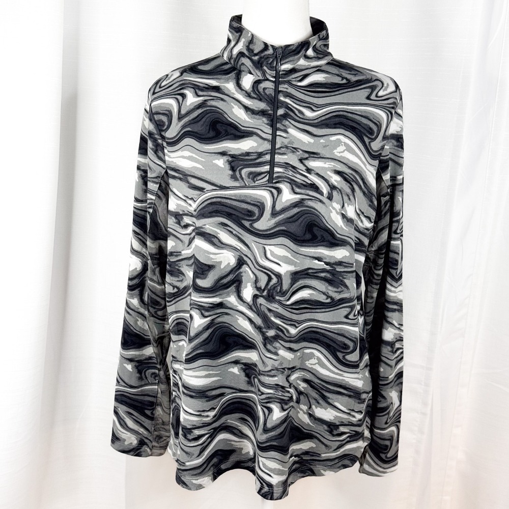 IBKUL Womens Large 1/4 Zip Top Gray Black Marble Print UPF 50+ Golf Shirt EUC